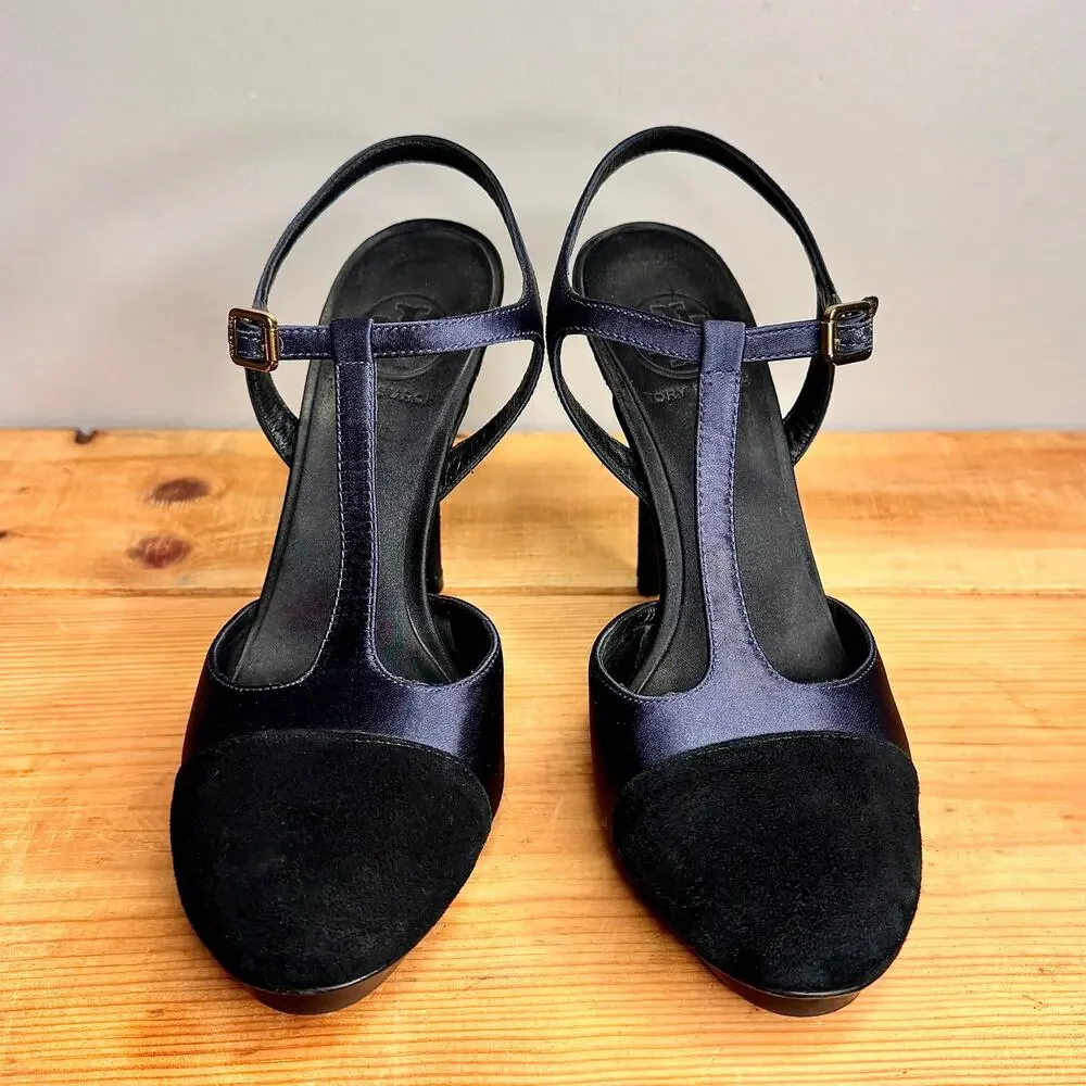 Tory Burch Mandy Women Blue Suede Satin Platform Stiletto Shoe Size 7.5